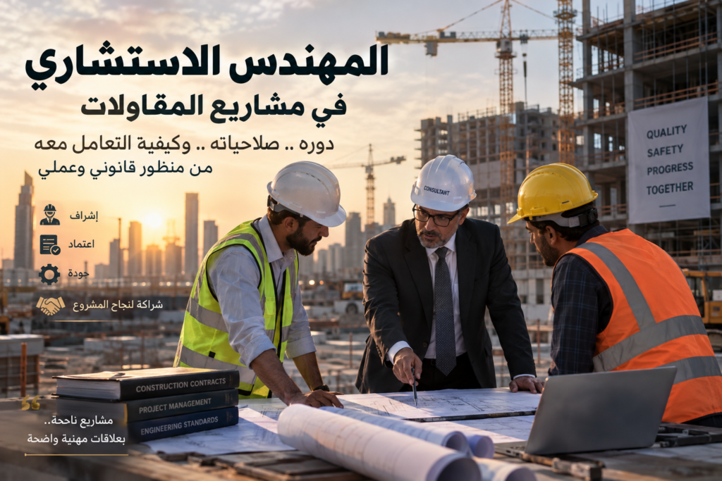 المهندس الاستشاري والمقاول يراجعان مخططات مشروع إنشائي وصلاحيات الاستشاري في عقود المقاولات